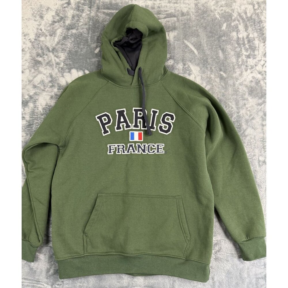 NS Paris France Embroidered Green Hoodie Pullover Sweatshirt Size L Warm